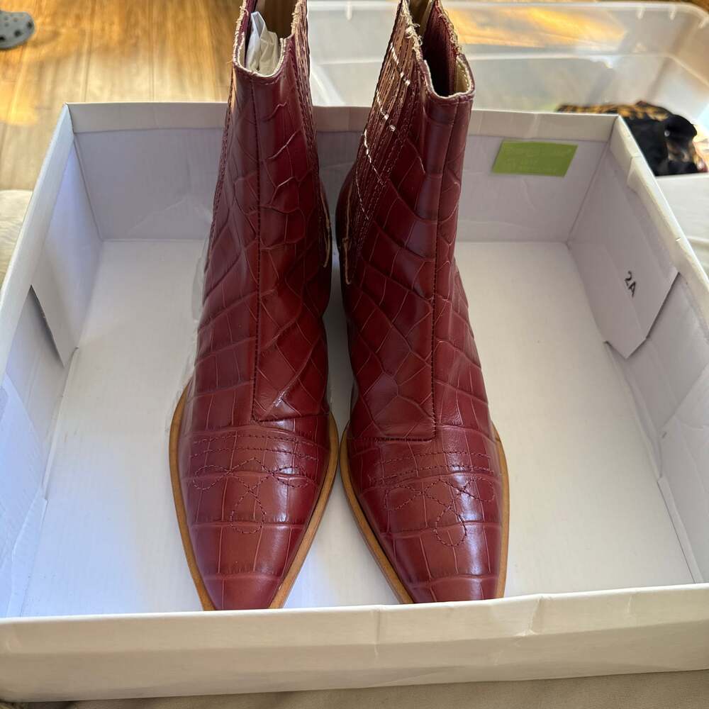 Schutz Briani Red Crocodile Embossed Leather Western Booties